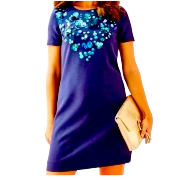 Lilly Pulitzer Havyn Shift Dress Blue Dress with Floral Embellishments